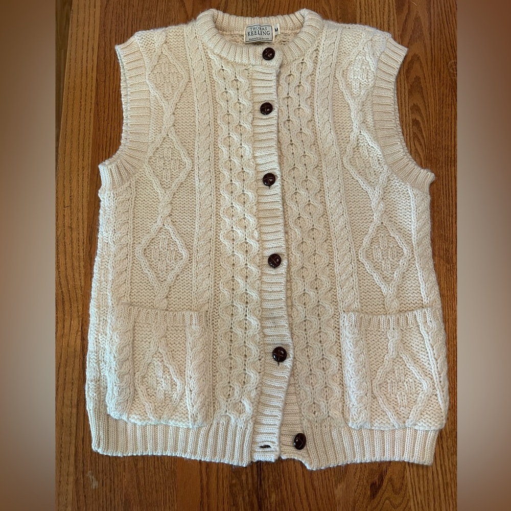 Men's Beige Cable Knit Wool Sweater Vest Classic Peppy Nerd Look